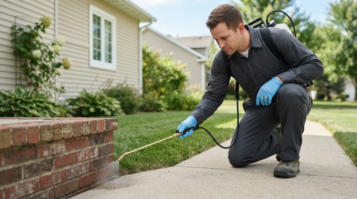 Pest control technician treating a home near George, IA